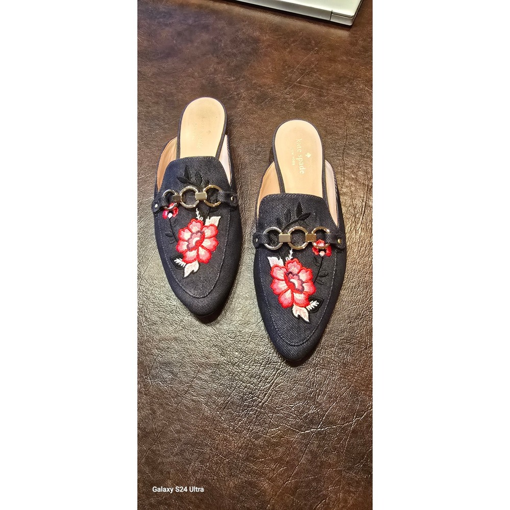 Kate Spade New York Denim Floral Embroidered Mules Gold Chain Slides Blue 7.5M